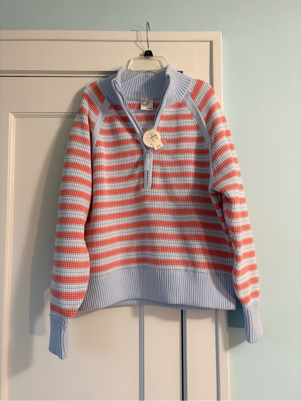 NWT OFFLINE by Aerie Cool Down Quarter Zip Waffle Sweater Cozy Blue/Pink Stripe